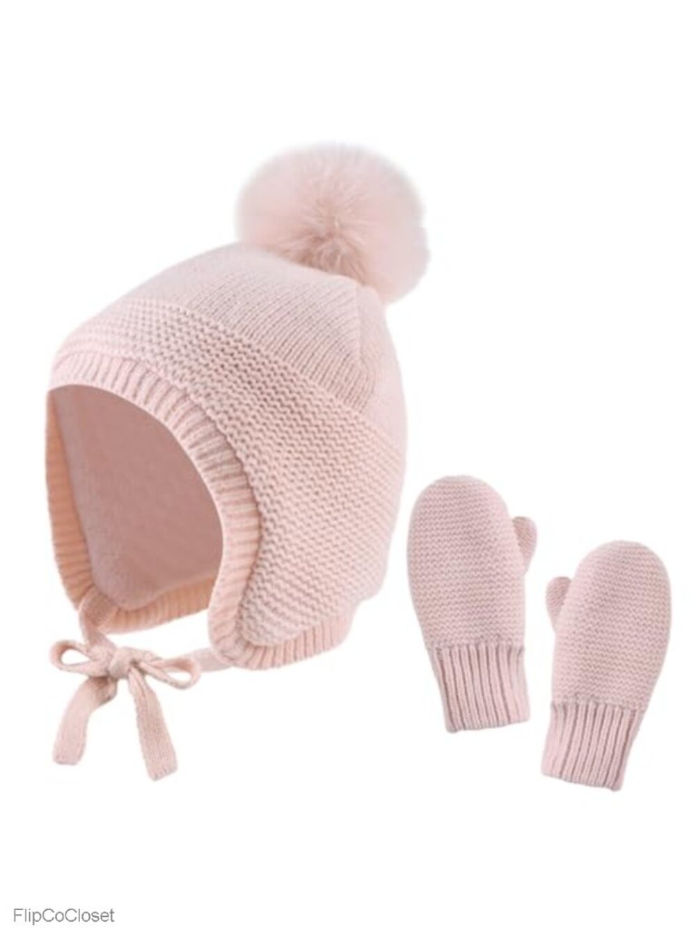 Kids Winter Beanie Hat & Mittens Set Knit Earflap Pom